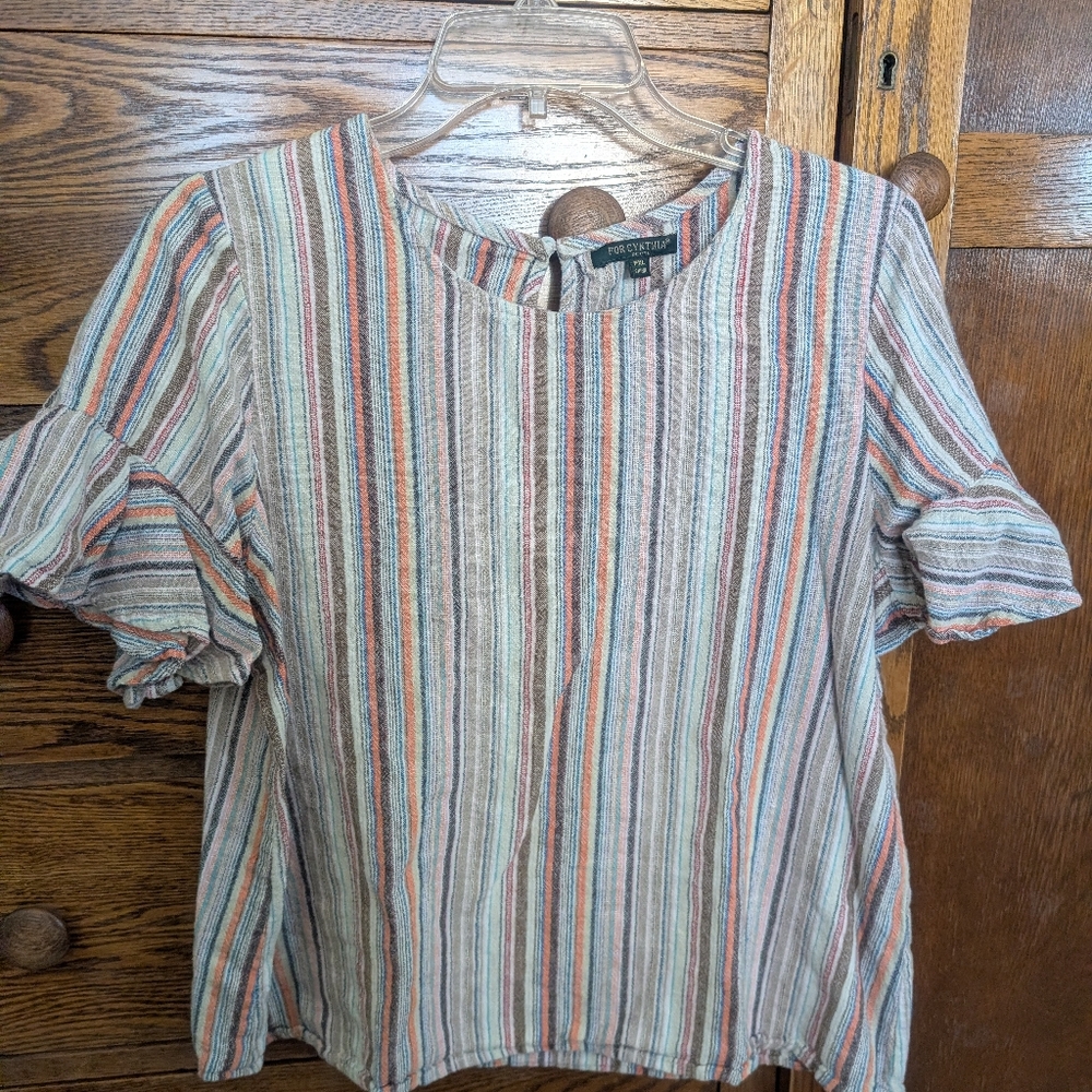 For Cynthia Striped Short Sleeve Linen Blend Top - PXL